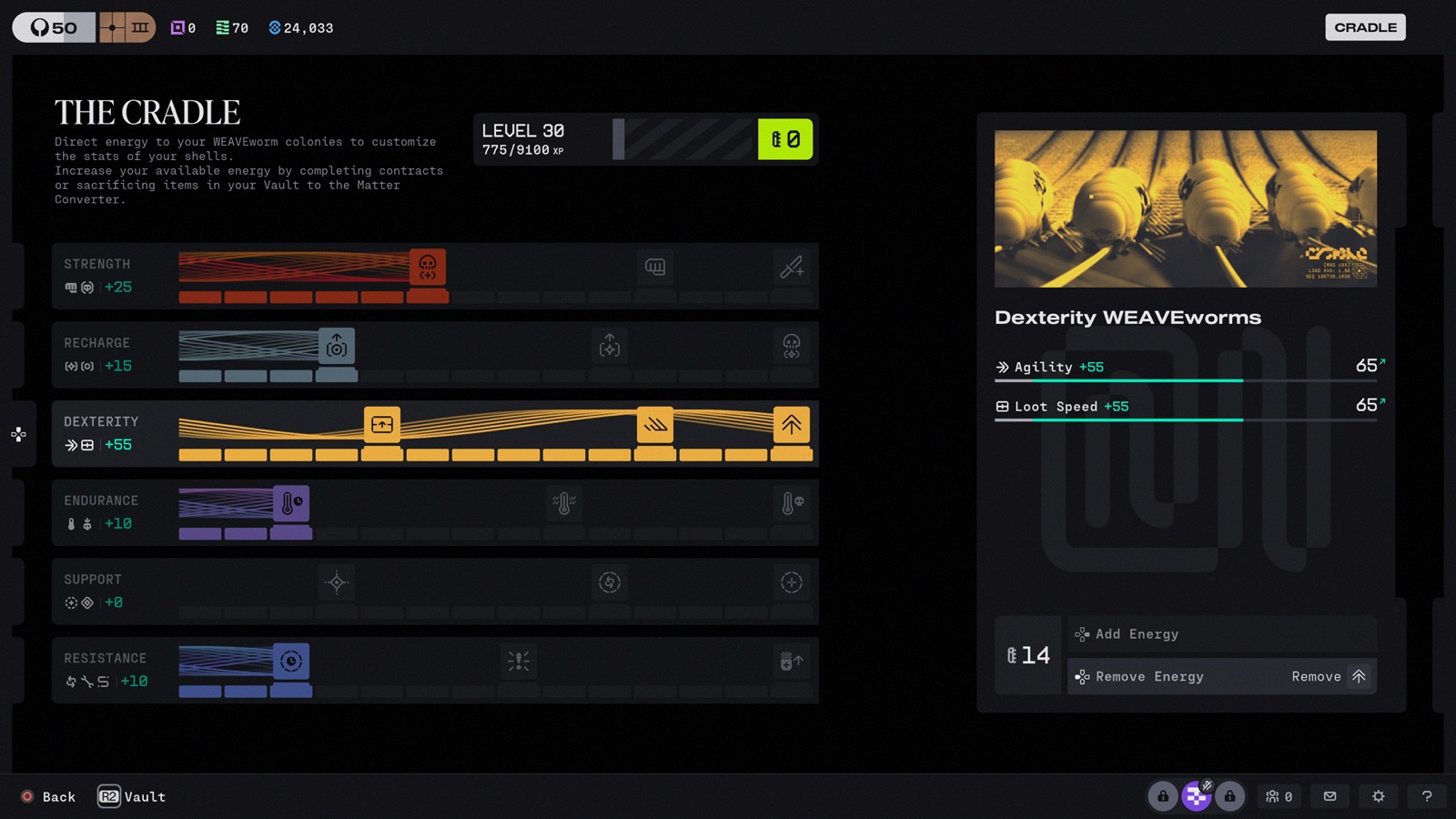 Cradle progression screen, Dexterity branch at level 30