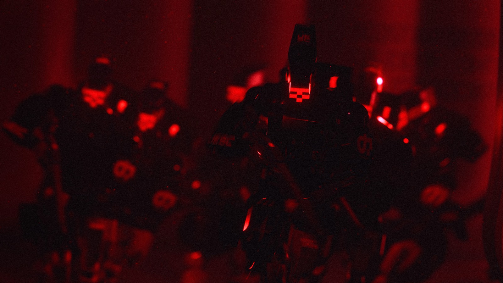 Marathon cinematic still: Runner crew in red light